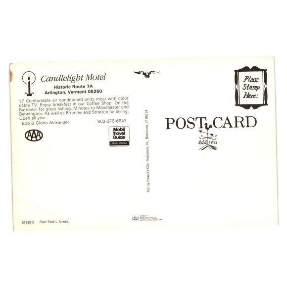 Vintage Candlelight Motel Postcard Historic Route 7A Arlington Vermont Vacation - Picture 2 of 2